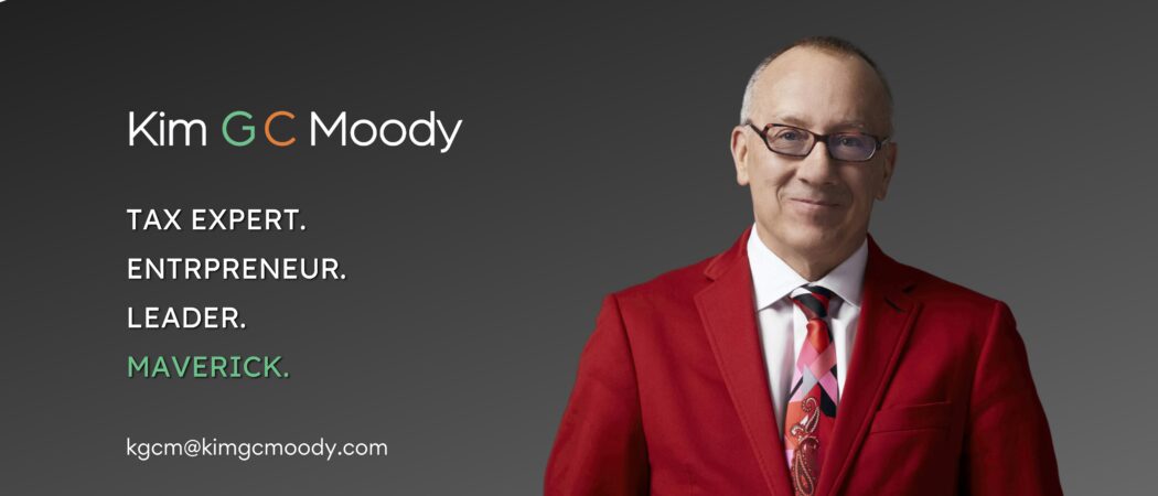 Smiling man in red suit beside company branding